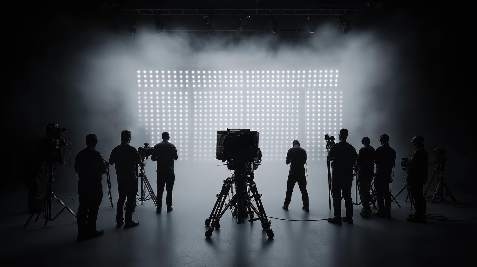 Silhuetas de uma equipe de filmagem com câmeras diante de um painel de luzes em um estúdio enfumaçado.